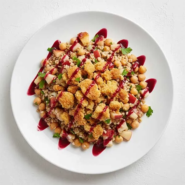 Orchard Pear & Cracked Burghul Chickpea Salad with Bramley Crumbles & Ruby Dressing